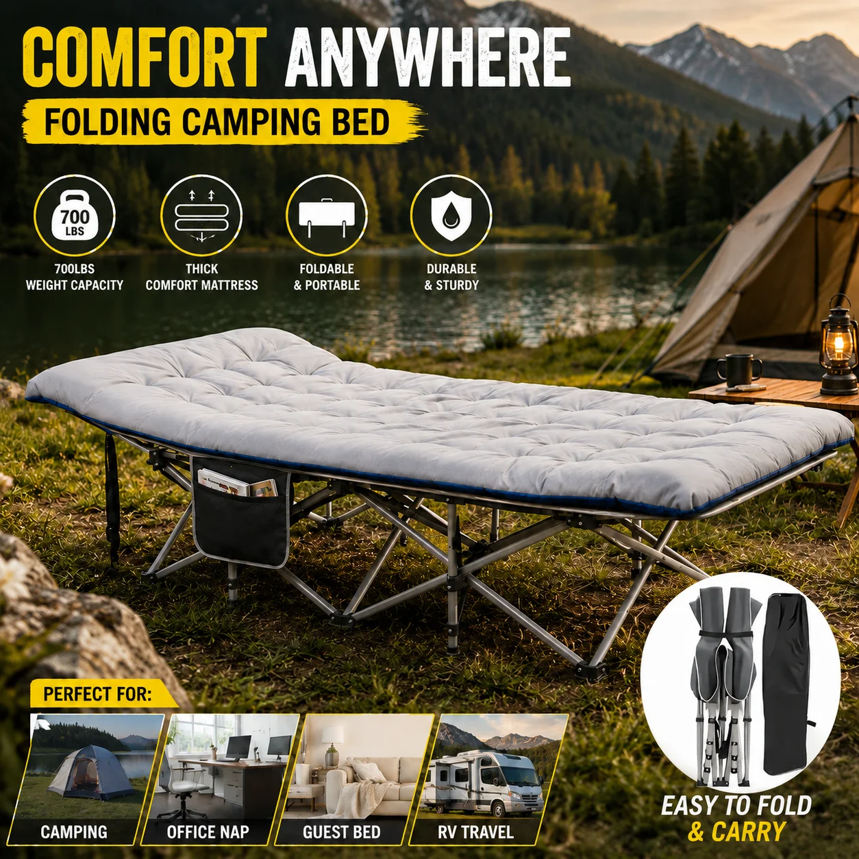 Folding Camping Cot with Thick Padded Mattress for Adults 700LBS Heavy Duty Portable Sleeping Bed with Carry Bag & Side Pocket Comfortable Foldable Guest Bed for Camping Home Office Nap RV Travel Outdoor Tent Beach Patio & Overnight Guests