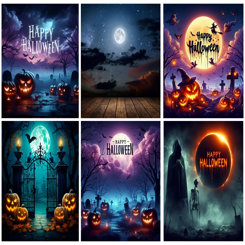 

Happy Halloween Party Backdrop Full Moon Scary Night Castle Graveyard Forest Bats Pumpkin Lantern Photography Background JS-1