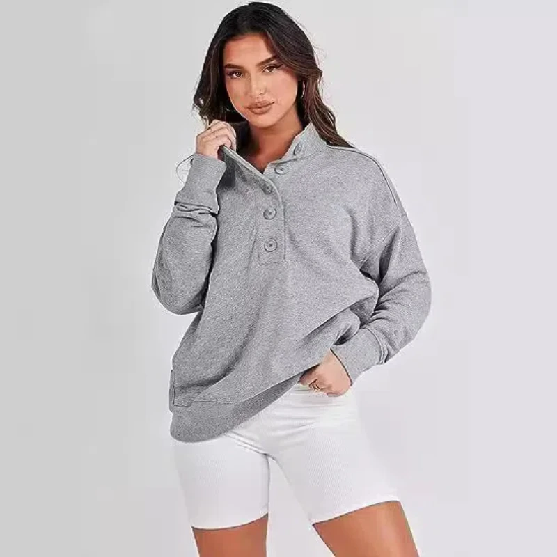 New Loose and Simple Button V-neck Top Casual and Versatile Long Sleeved Patchwork Pocket Hoodie