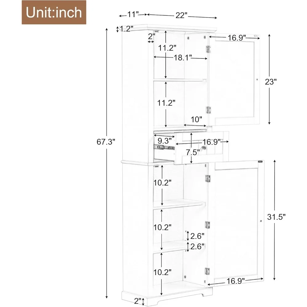 Armoire de rangement haute en lin, armoire en lin autoportante avec 2 portes et 1MEL, organisateurs de stockage, 67.3 po