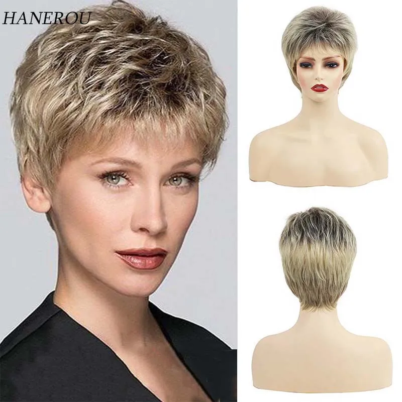 

Synthetic Short Straight Ombre Blonde Wig with Bang Dark Roots Wigs for Women Fake Hair Heat Resistant