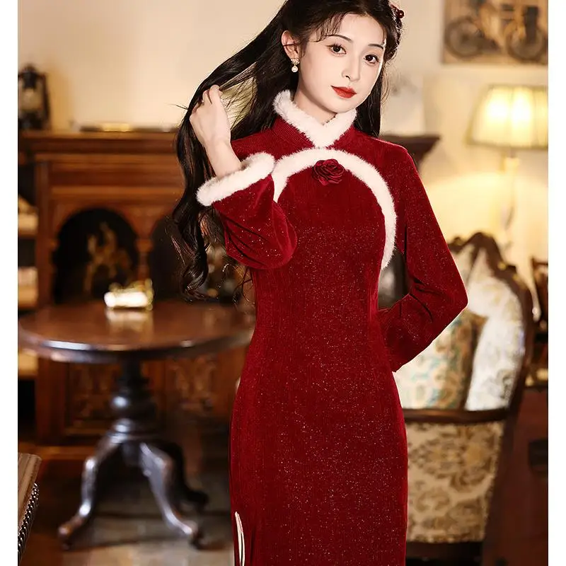 

Красное длинное утепленное платье с оборками для Нового года и свадьбы, зимнее, новинка, женский традиционный китайский костюм