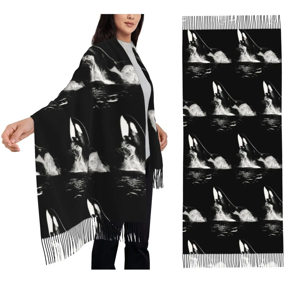 Orca Aquatic Sea Ocean Killer Whale Scarf Tassel Scarves Women Soft Warm Shawls and Wraps Long Fall Winter Shawl Wrap