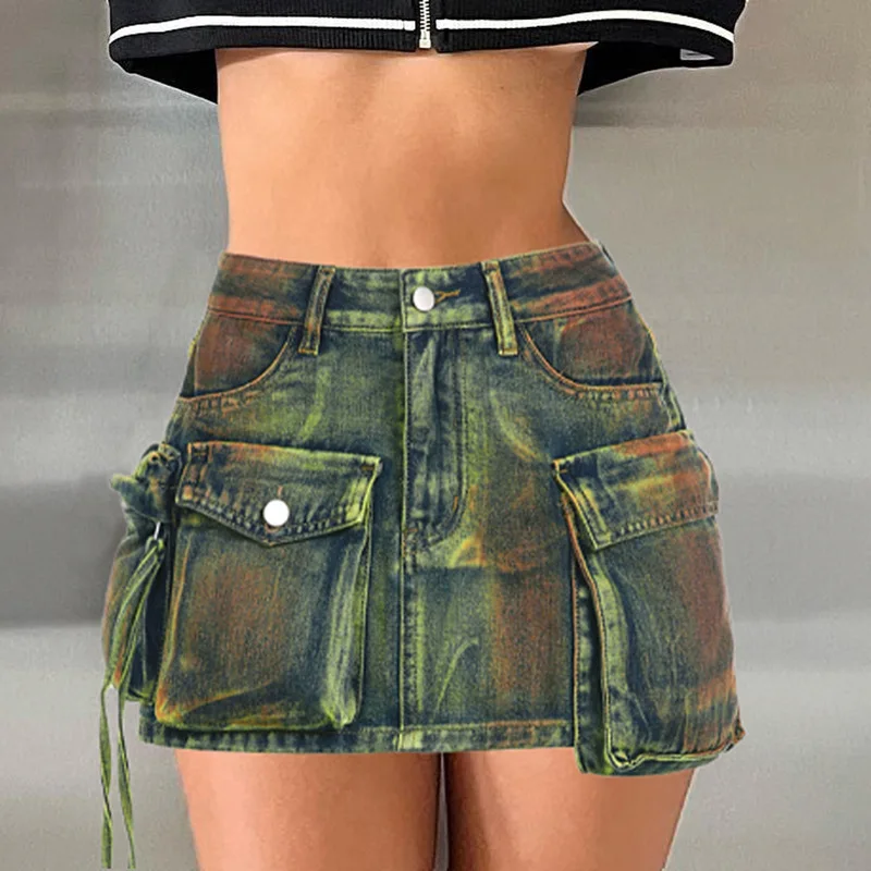  STUDIO High Waist Denim Half Skirt with Tie Dye And Worn out Design for Women Summer Cotton Multi Pocket  Skirt