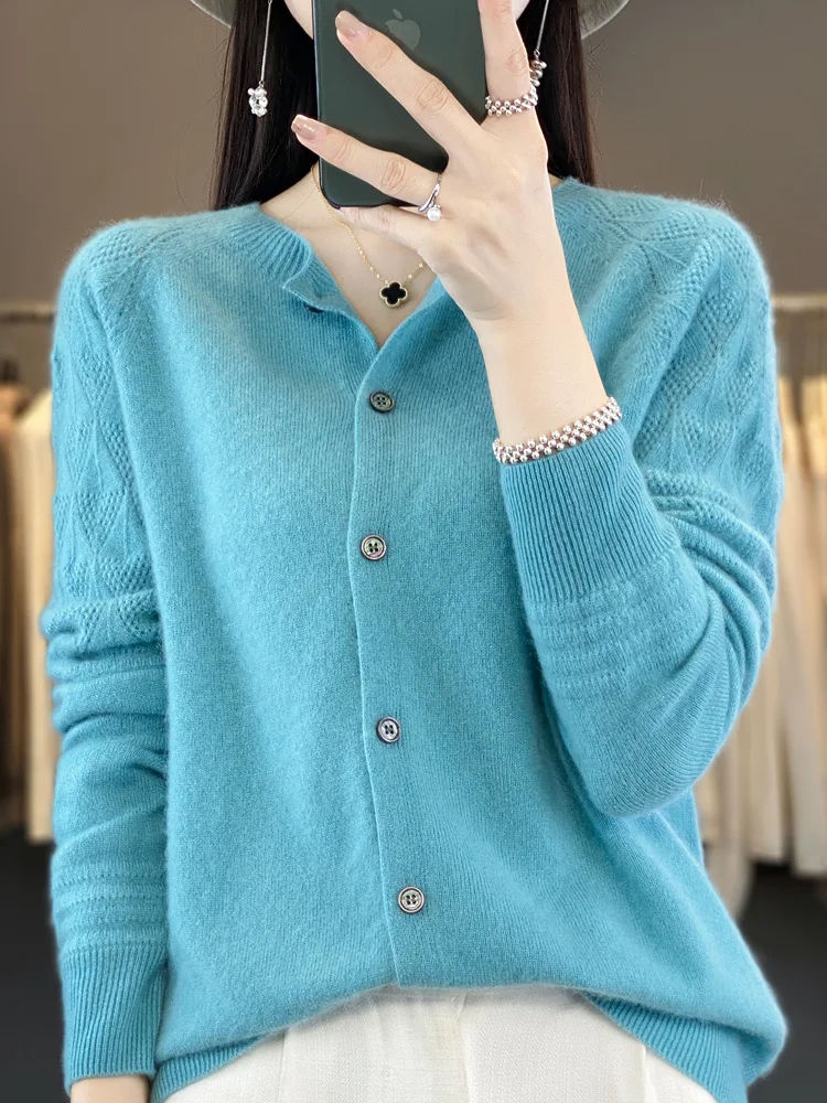 New Chic 2024  Spring Autumn Women Sweater 100% Merino Wool Long Sleeve O-Neck Cardigan Twist Flower Knitwear Women Clothing