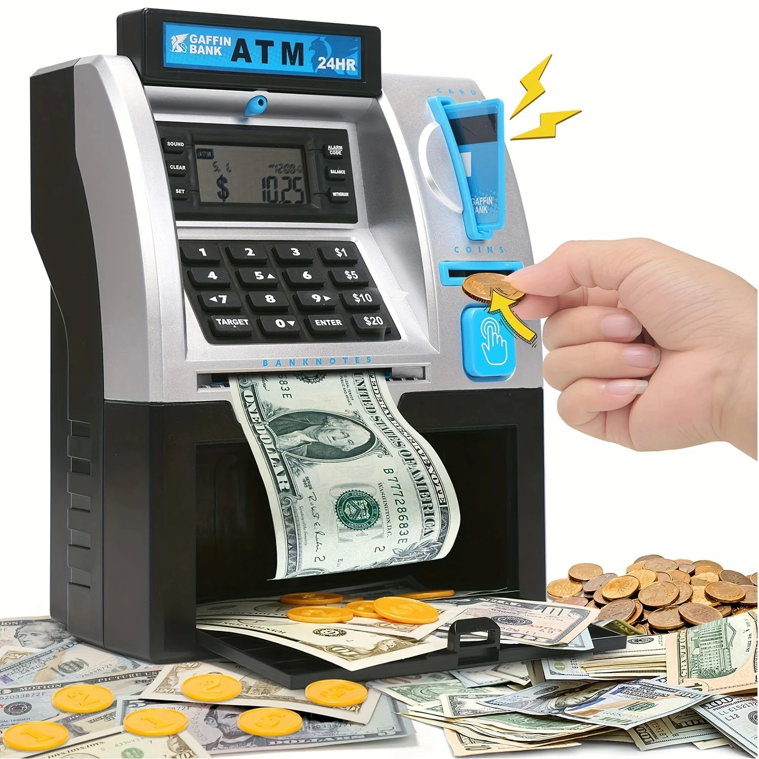 ATM Toys for Kids with Debit Card, Bill Feeder, Coin Recognition, Balance Calculator, Electronic Savings Safe Toys