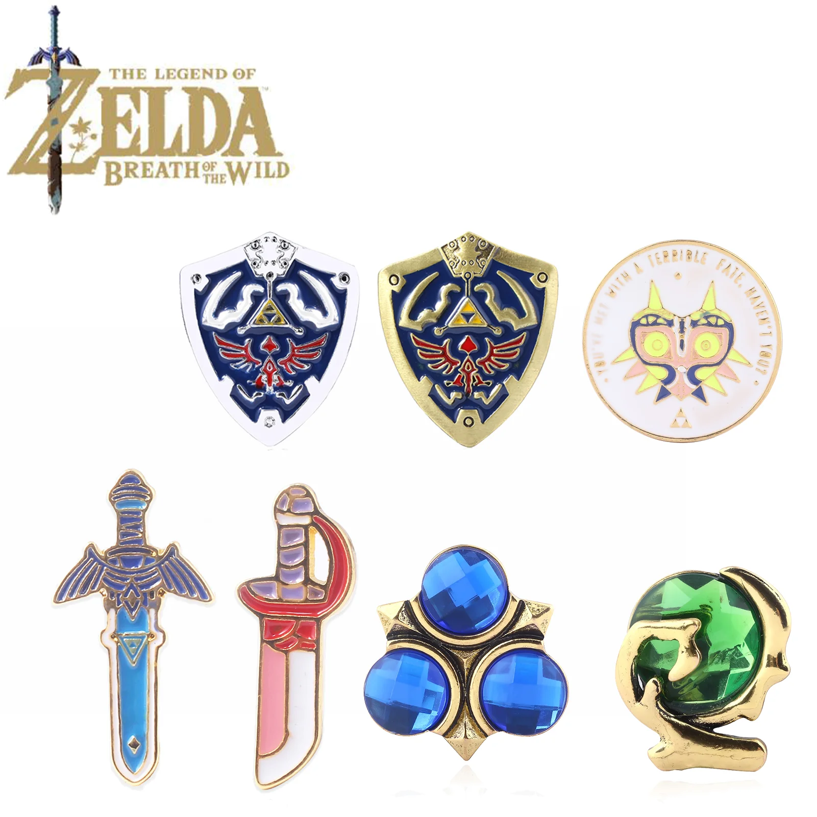 7Pcs Zeldas Sheikah Slate Hylian Shield Pins Brooch Majora's Mask Master Sword Badge Brooches Lapel Pin Jeans Shirt Bag Jewelry