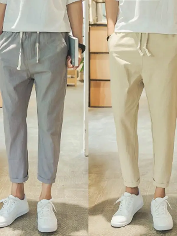 

Summer Thin Cotton Linen Nine Points Casual Pants Men's Slim Fit Harlan 9 Points Cotton Linen Casual Pants for Teens