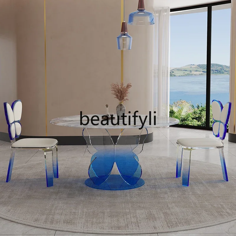 

Light luxury simple style acrylic suspended butterfly dining table cream style round dining table and chairs