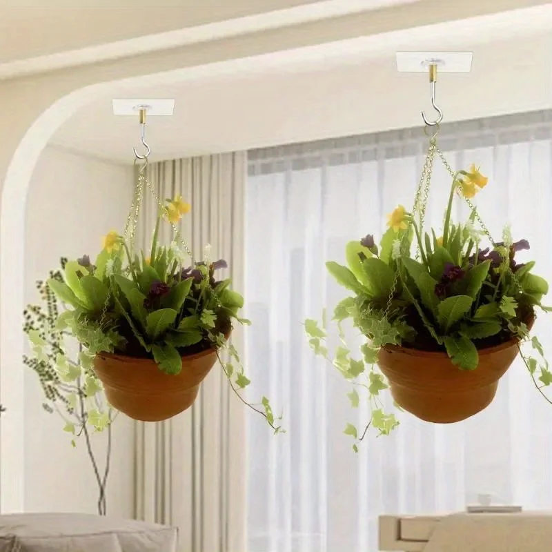 4pcs Adhesive Metal Ceiling Hooks Wall Mounted Hanging Basket Hooks Plants Flower Pots Lanterns Hanging Holder For Outdoor