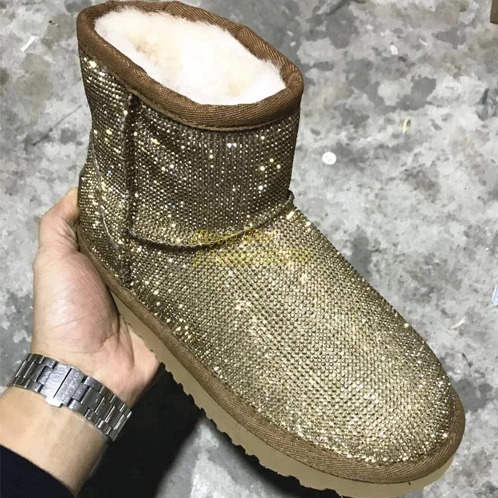 Crystal Snow Boots Round Toe Fur Lining Silver Gold Ankle Fashion 2024 Winter Bling Bling Women Shoes Flat
