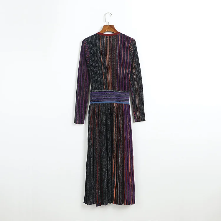 High Quality Women V Neck Metallic Sequined Embellished Striped Waist Pleated Long Knit Dress