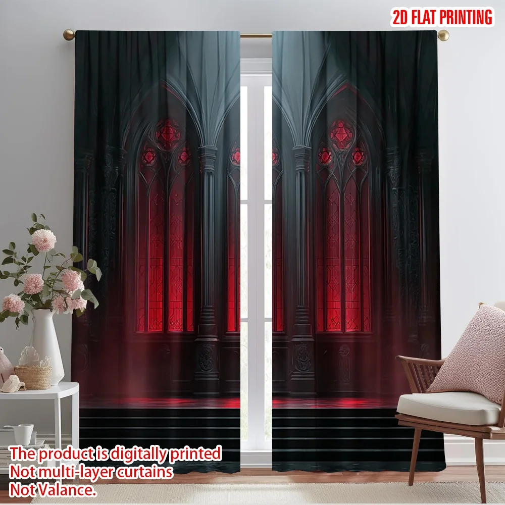 2pcs,2D plane printing Curtains&Window Treatment Gothic Vampire Castle Versatile 100% Polyester (without rod) Outdoor