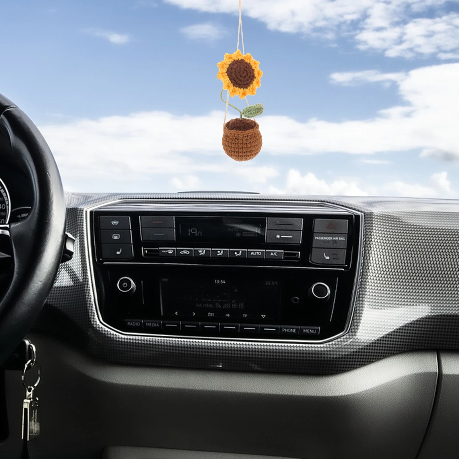 

Sunflower Car Pendant Unique Crochet Hanging Ornament Auto Rear View Mirror Accessories Bright Color Knit Flowers Vehicle Decor