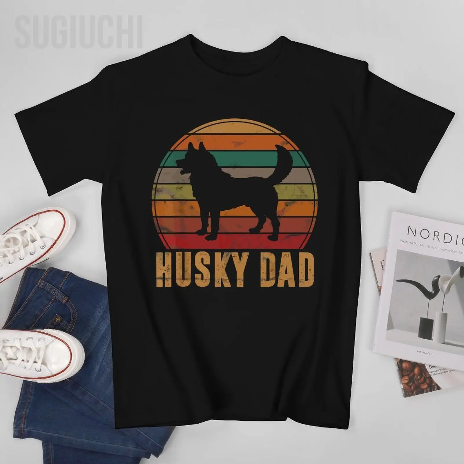 Men Retro Siberian Husky Dad Gift Dog Owner Pet Huskies Father Tshirt Tees T Shirts Women Boys 100% Cotton T-Shirt