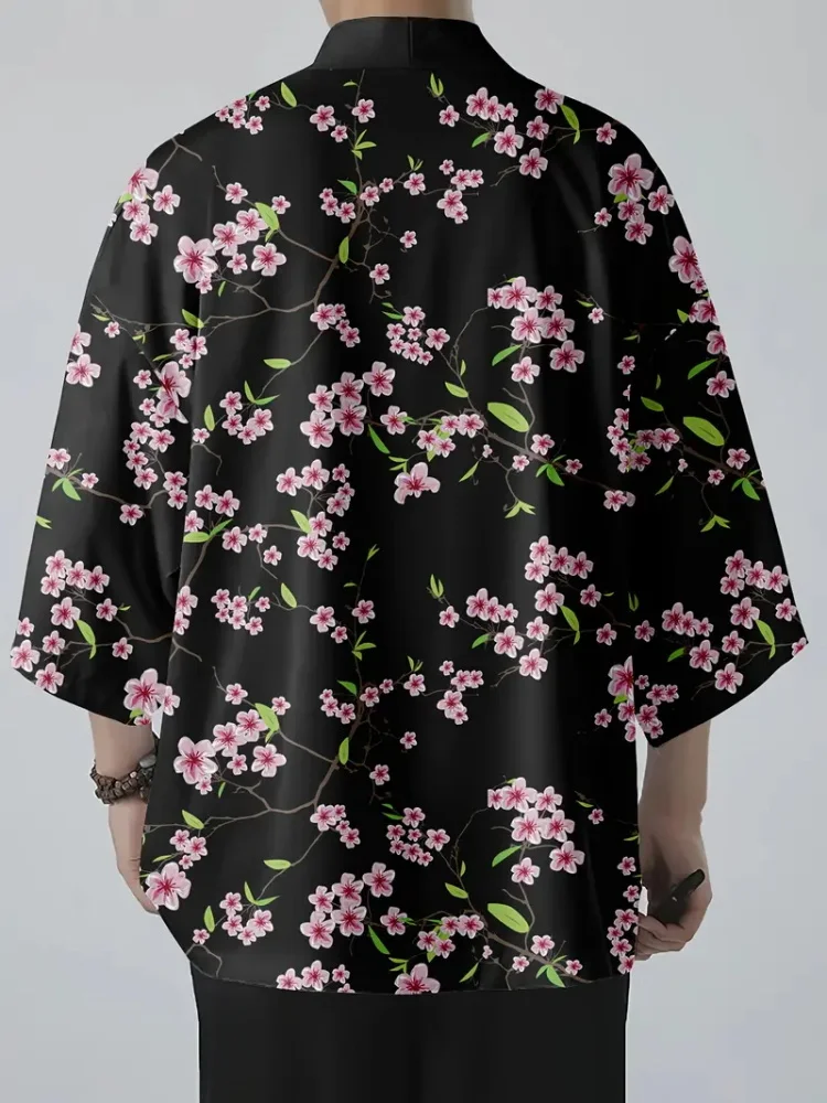 Crane Print Casual Loose Cardigan Short Sleeve Japanese Cardigan Kimono Classic Traditional Street Trend Fashion Cardigan Kimono