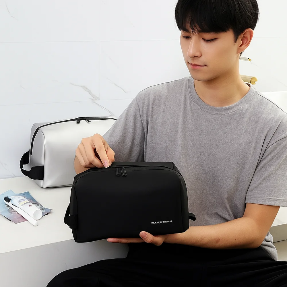 Wasserdichte Herren-Kosmetiktasche, großes Fassungsvermögen, tragbare PU-Kulturtasche, Trocken- und Nasstrennung, leichte Make-up-Tasche für Damen und Herren