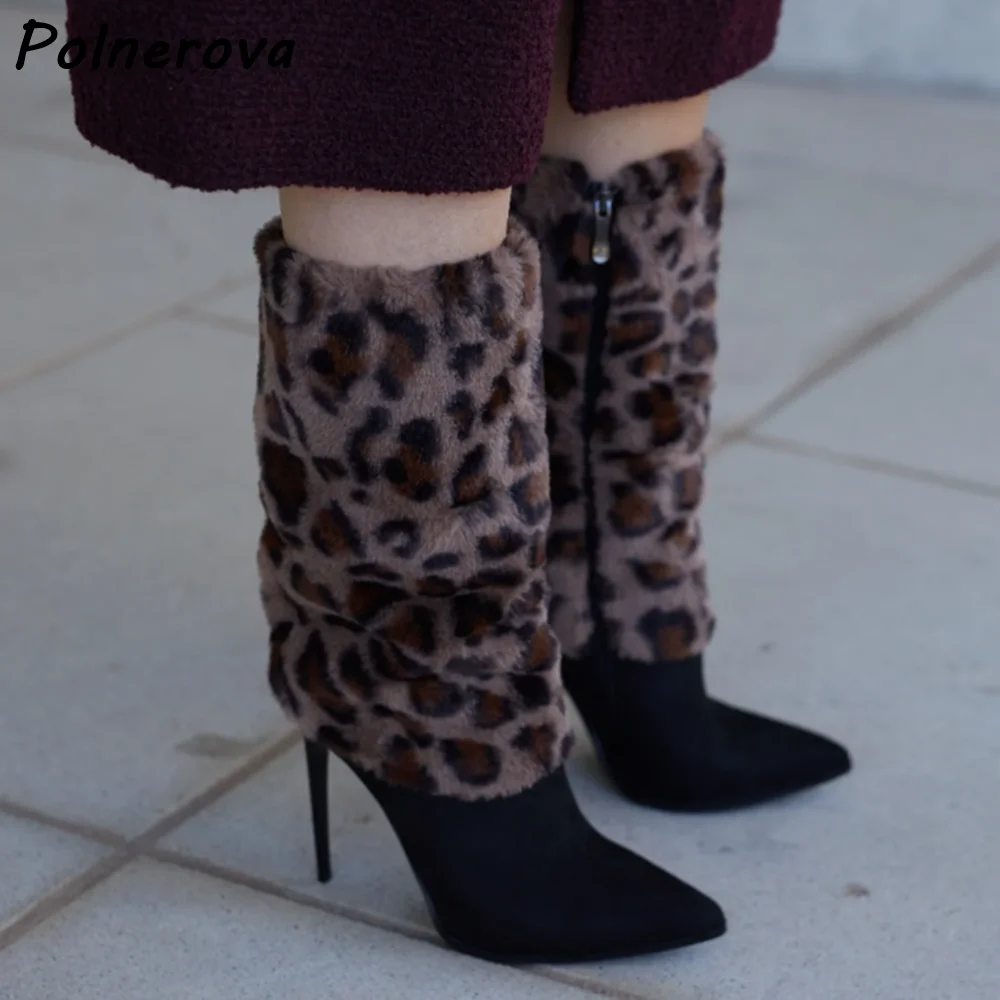 Furry Leopard Mid Calf Boots Brown Black Turn Over Edges Pointy Toe Thin Heels Slip On Shoes Women's Winter Warm Fashion Shoes