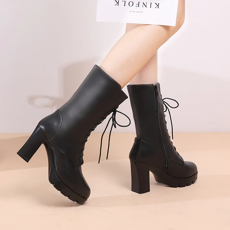 AIYUQI Women Winter Boots Genuine Leather 2024 New High Heel Mid Boots Women Natural Wool Warm Platform Women Boots