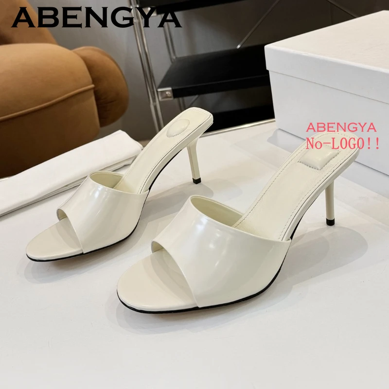 2025 Summer Real Leather Thin High Heels Slippers For Women Fashion Retro Open Toe Stilettos Mules Sexy Party Dress Shoes Mujer