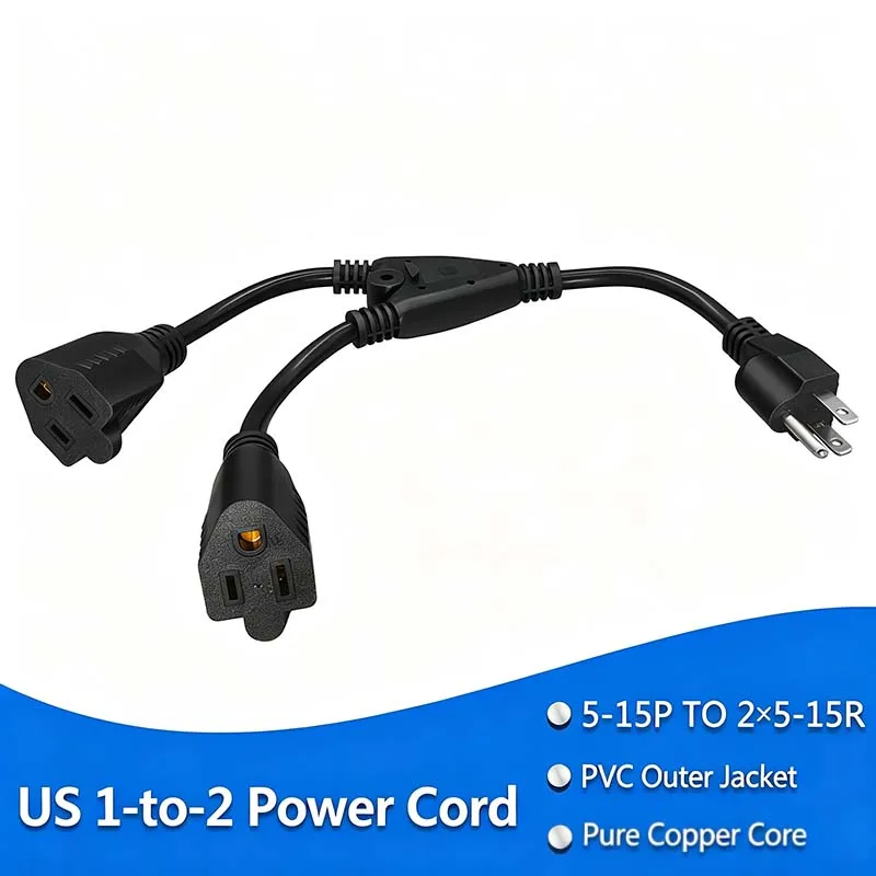 2PCS US NEMA 5‑15P To Dual 5‑15R Y‑Splitter Power Extension Cord Pure Copper 0.3M 1‑to‑2 Power Cable