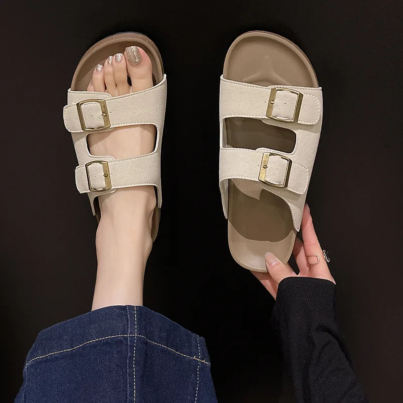 Summer Women Sandals Flats Cork Slippers Casual Shoes Fashion Leather Buckle Beach Ladies Slides Women Flip Flop Chanclas Mujer