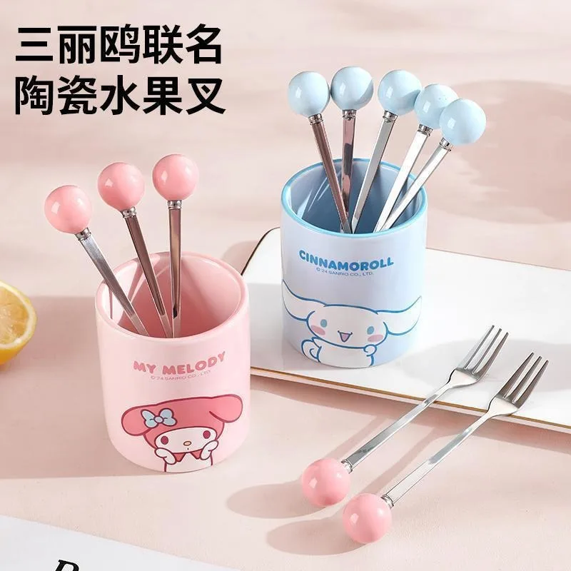 

Sanrio Cinnamoroll Anime Kawaii Ins Fruit Fork Set Cute My Melody Household Dessert Storage Jars Tableware Gifts for Girls