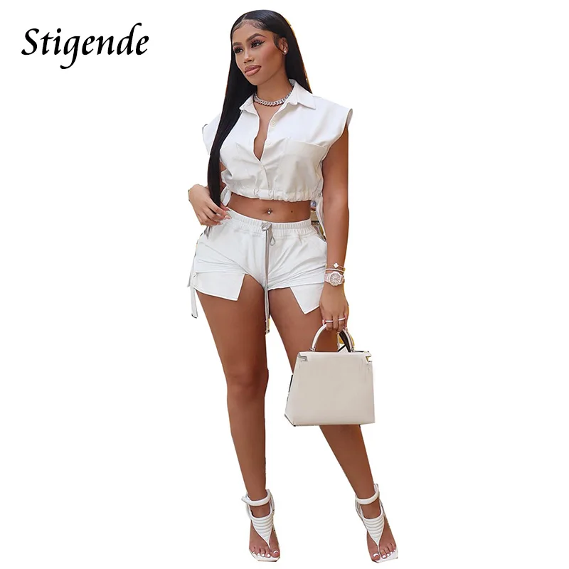 Summer Sexy Two Piece Shorts Set for Women Stylish Outfits Sleeveless Button Up Turn Down Collar Crop Top and Drawstring Shorts