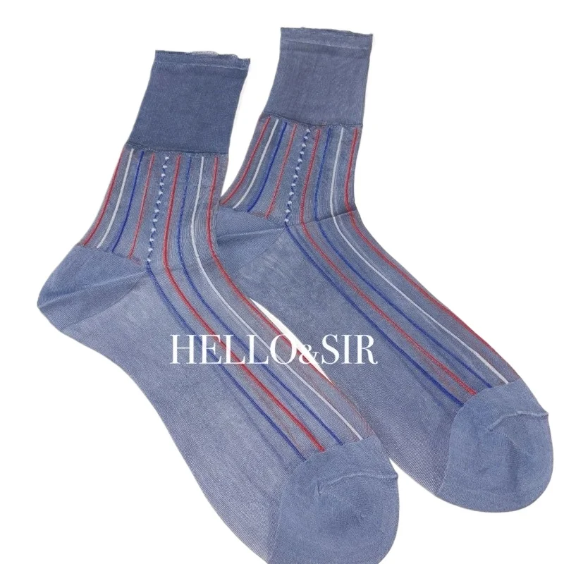 Classical Men Business Suit Dress Socks Transparent Nylon Striped Breathable Thin Mid Tube Socks for Formal Wear Sheer Stocking