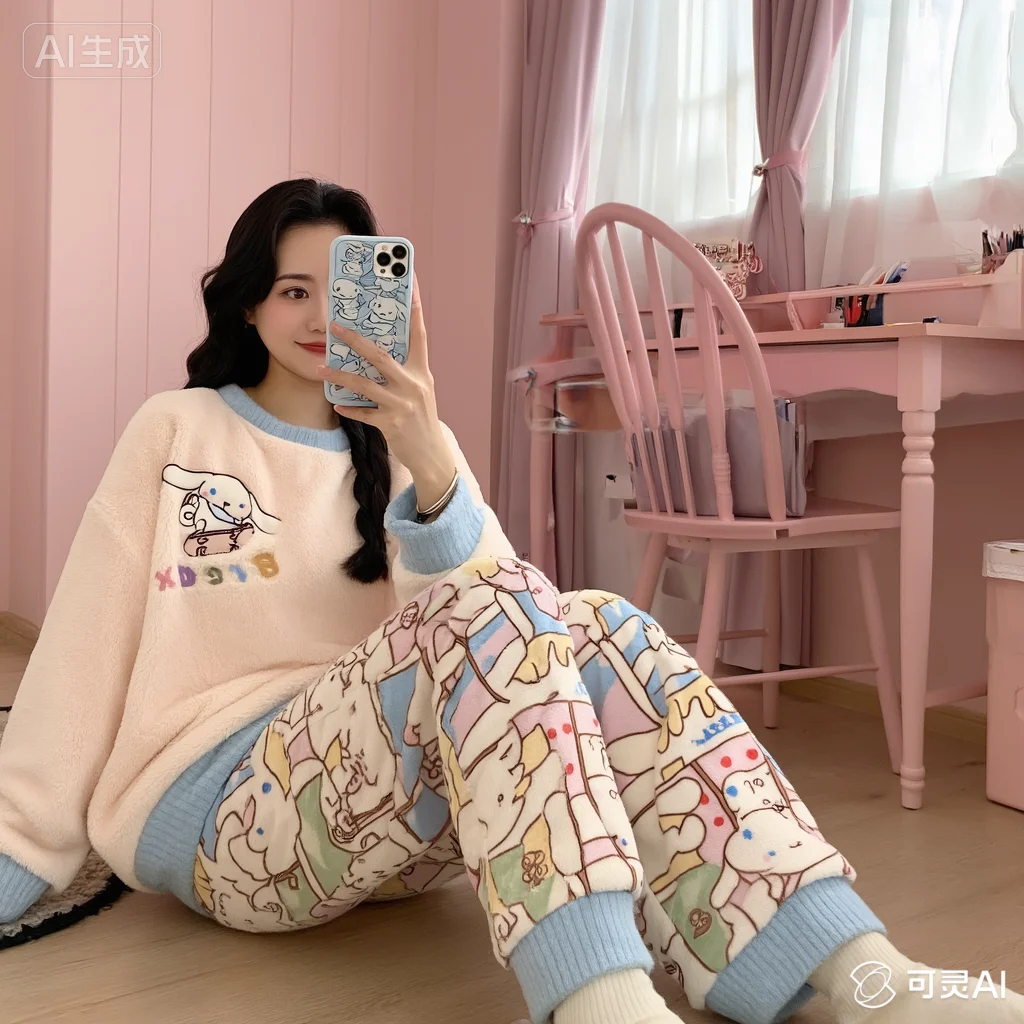 

Пижамы Sanrio Cinnamoroll Kawaii с завинчивающейся головкой из чистого хлопка, удобные для отдыха, осень-зима, остается в домашних условиях, свежие, милые, милые