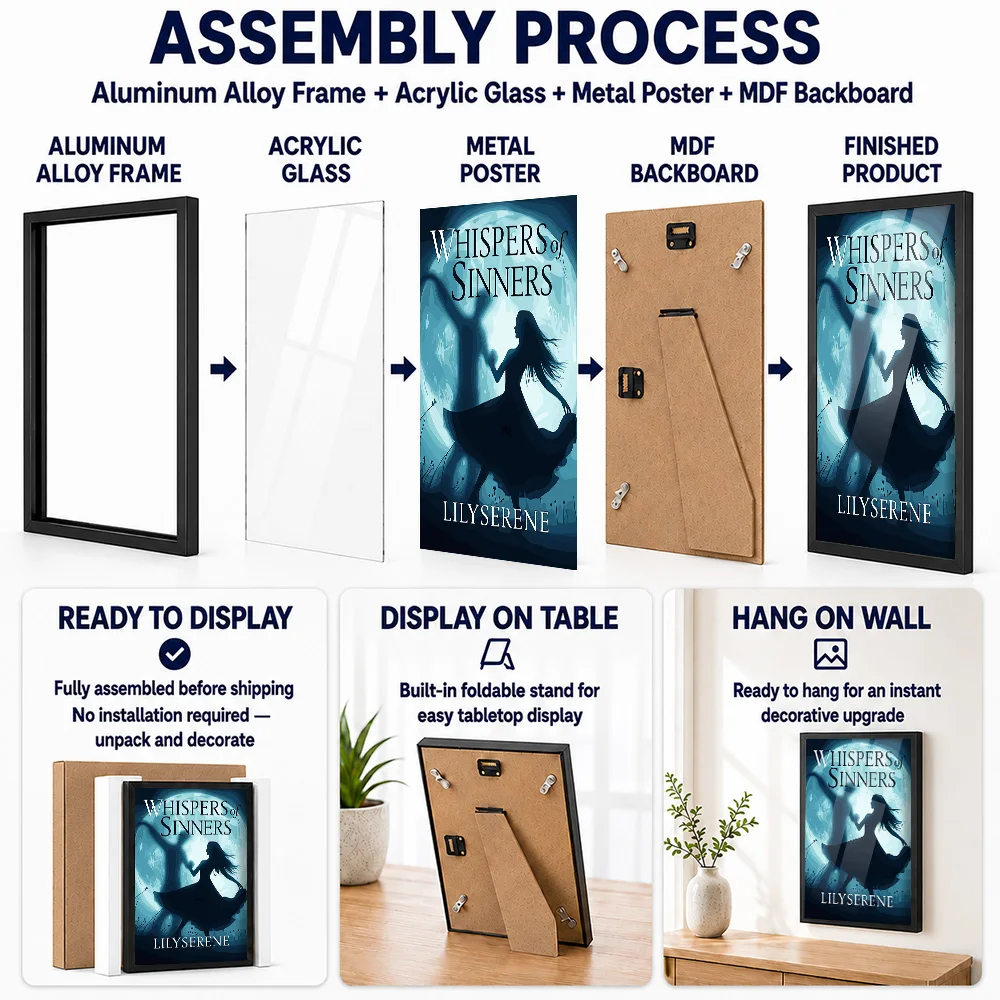 Whispers Of Sinners Book Cover Framed Aluminum Metal Poster Customized Screen Tribute Wall Art Ideal For Story Lovers In Theater
