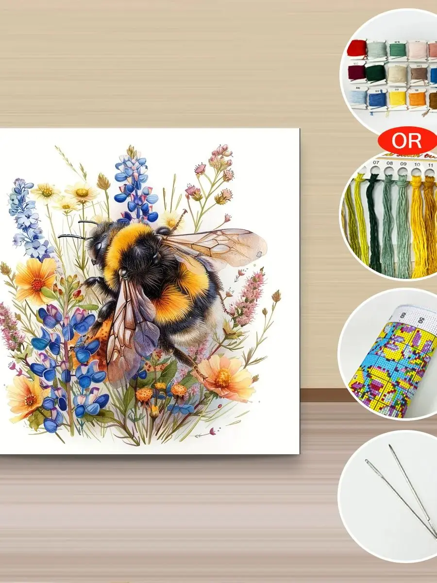 1 Stück 40x40 cm/15,74 Zoll, 11CT/14CT Druck Kreuzstich DIY-Set Neujahrsgeschenk Entspanntes Stickset für Anfänger, Honigbienen-Blumencluster – Detail 1