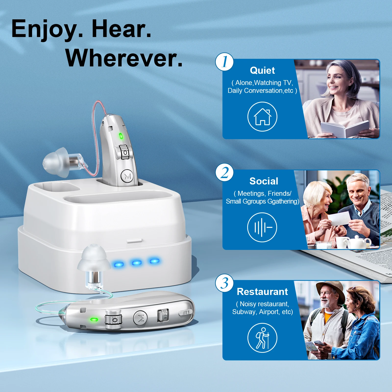 Rechargeable behind-the-ear hearing aid for the elderly, noise-cancelling amplified hearing aid with charging case
