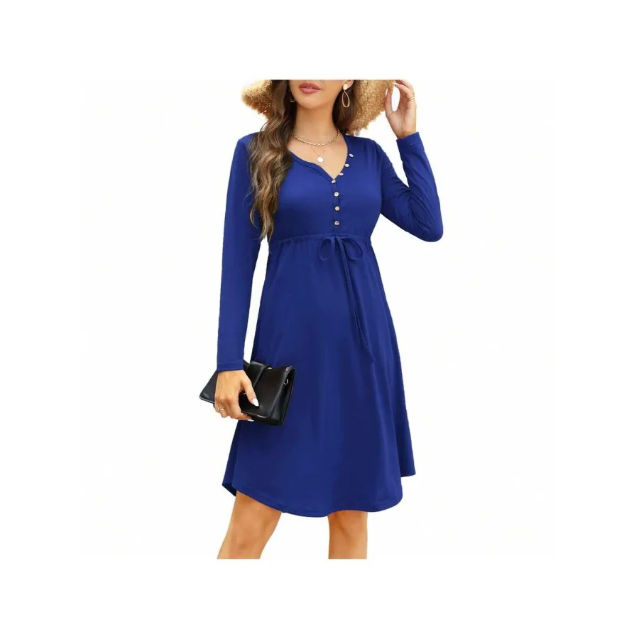 

【New style】Women Casual Long Sleeve Short Dress Button V Neck High Waist A Line Dresses