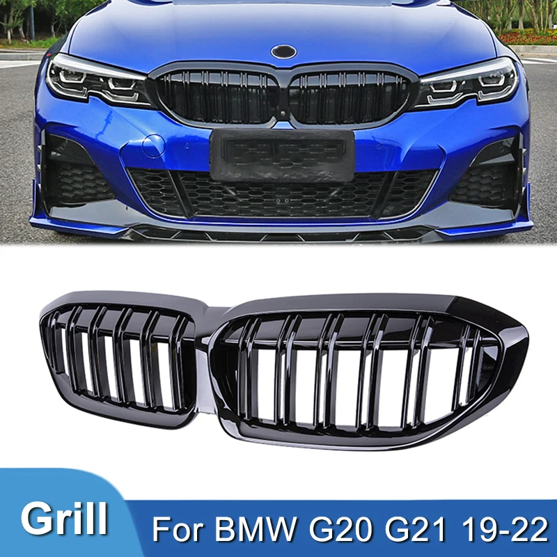 Pulleco Car Front Kidney Grille Racing Grill For BMW 3 Series G20 G21 328i 335i 340i 2019-2022 Gloss Black 2 Slat Accessories