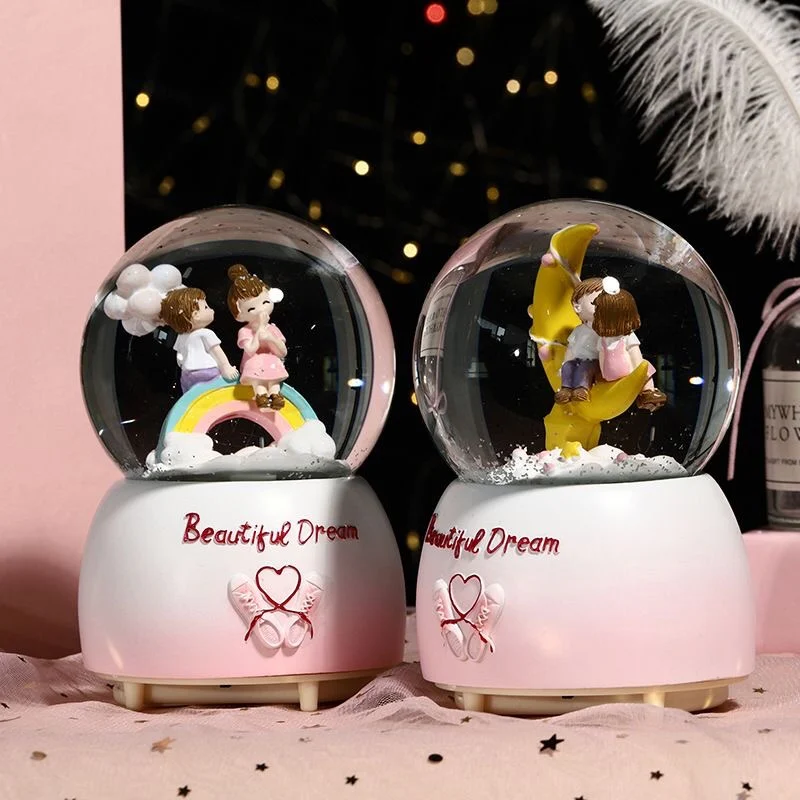 Pink Couple Crystal Ball Snow Globe Home Decorations Ornaments Battery-Powered Resin Base Decoração Para Quarto 스노우볼 Kid Gift