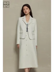 ZIQIAO Front Shoulder White Short Blazer Skirt Set Office Lady Single Breasted Jackets Zipper Waist Long Skirt Women Blazer Suit