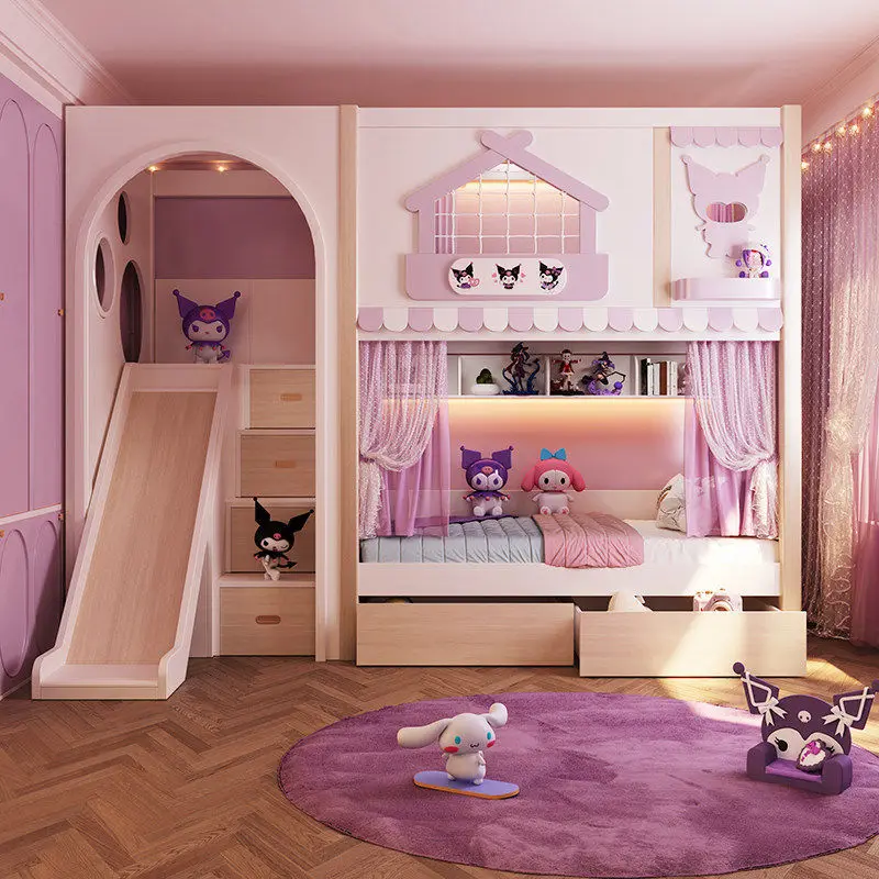 Etagenbett aus Massivholz, Baumhaus-Kinderbett für kleine Wohnungen, Hoch- und Tiefbett für Mädchen, Prinzessinnenbett, Mutter-Kind-Bett