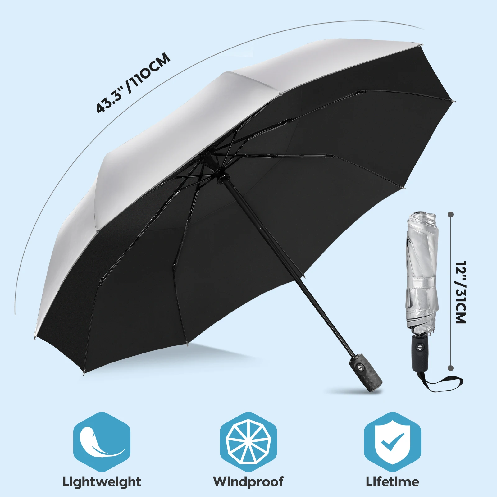 Wind Resistant Folding Automatic Umbrella Rain Women Auto Luxury Big Windproof Umbrellas Rain for Men silvery Coating  Parasol