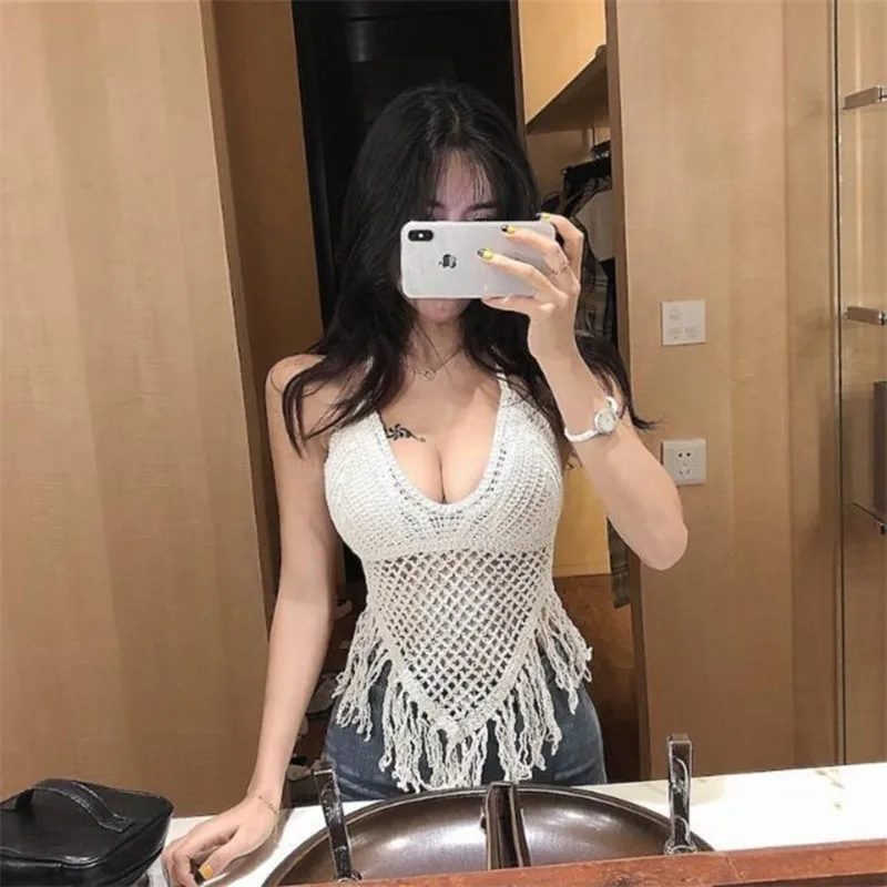 Lace Up Neck Hanging Small Tank Top With Suspender Women's Short Style With Inner Strap Chest Pad Tops Open Back Hollowed Out