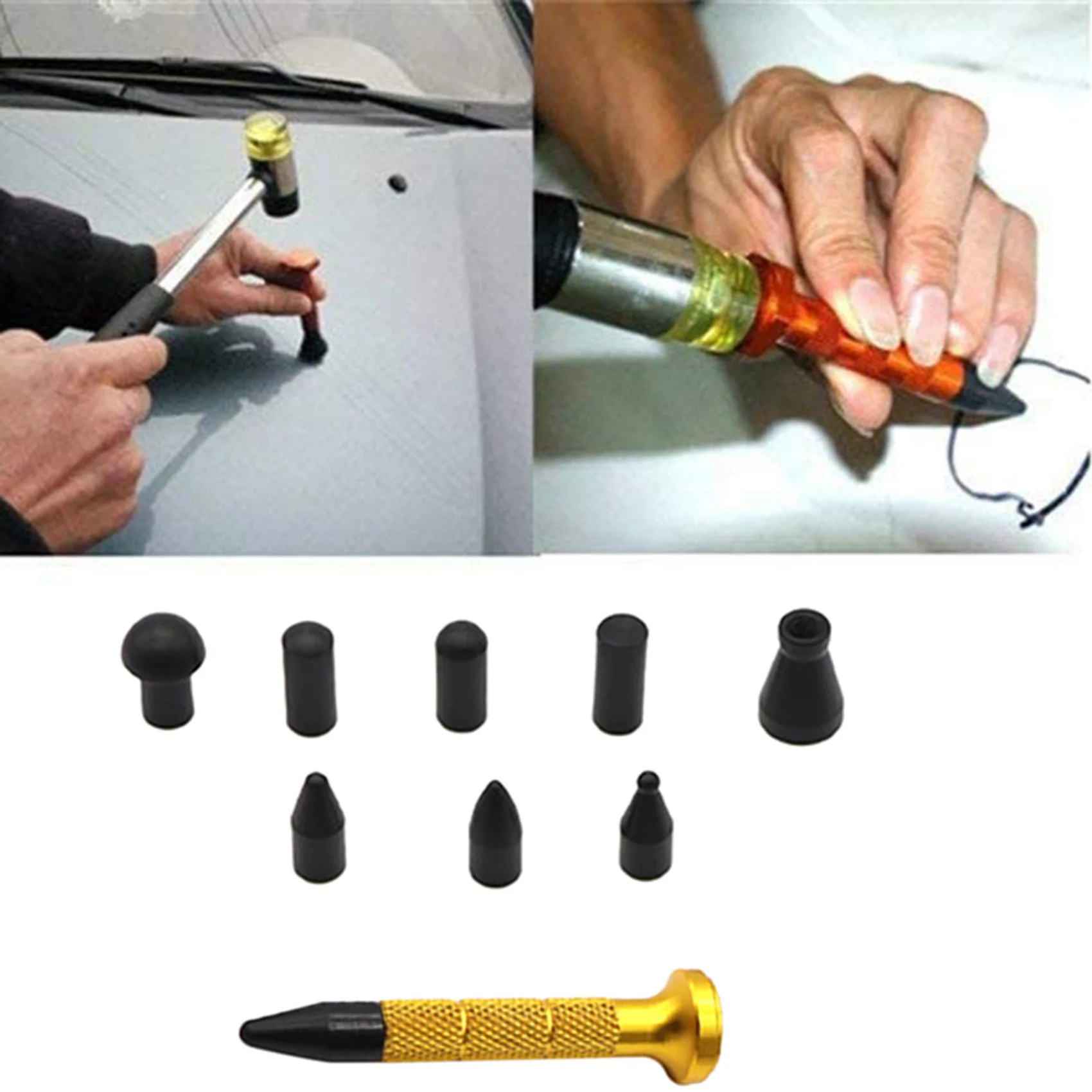 Car Body Paintless Dent Kits Aluminum Dent Repair Pen with 9 Rubber Hammer Screw-on Tips Removal Auto DIY Dent Fix Tools