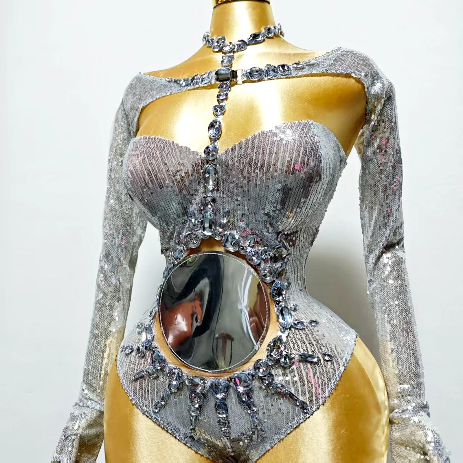

Sexy cut-out jumpsuit, shiny silver sequined drag queen costume, singer performance costume, nightclub Gogo dancer costume