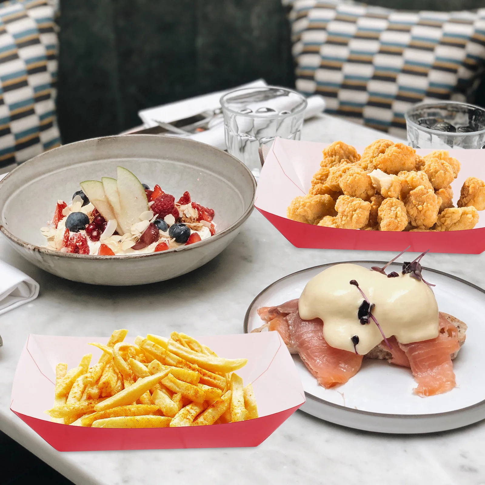 

50Pcs Snack Boxes Disposable Food Boats Carnival Themed Party Plates Food Trays for Hot Dogs Popcorn French Fries