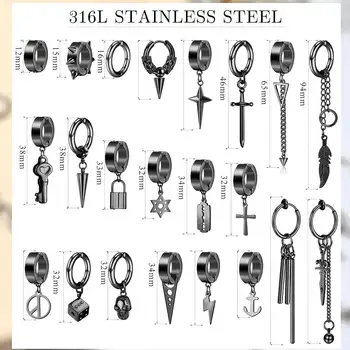 25隻男士夾式耳環 不銹鋼十字鏈吊墜耳環 男女通用假耳環 無耳洞耳環 6 最佳銷售 男士假耳環 - №6