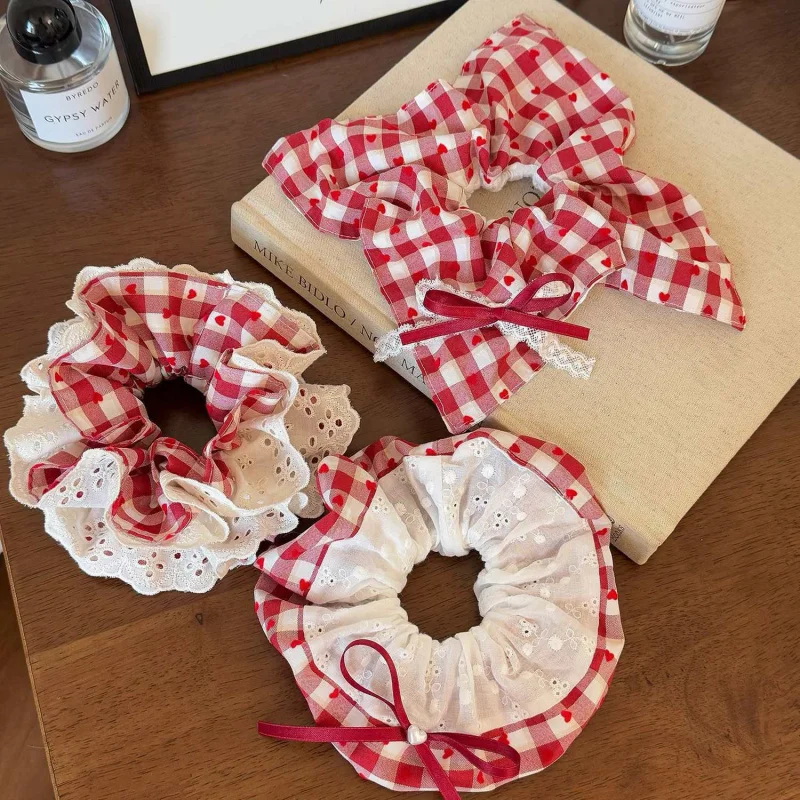 

Red Pattern Love Large Intestine Sweet Lace Headdress Flower Hair Ponytail Square Scarf Rope Rubber Band Women