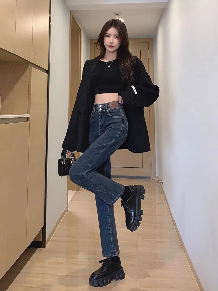 

High Waist Slim Fit Straight Leg Denim Jeans Women's Blue Grey Spring New Style Fashionable Slimming Nine Point Smoked Tube P...