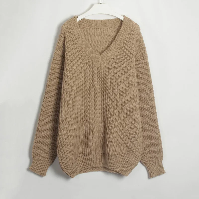 V-Neck Oversize Sweater Woman Casual Loose Knitted Jumper Korean Style Fashion Women Sweaters 2024 Autumn Winter