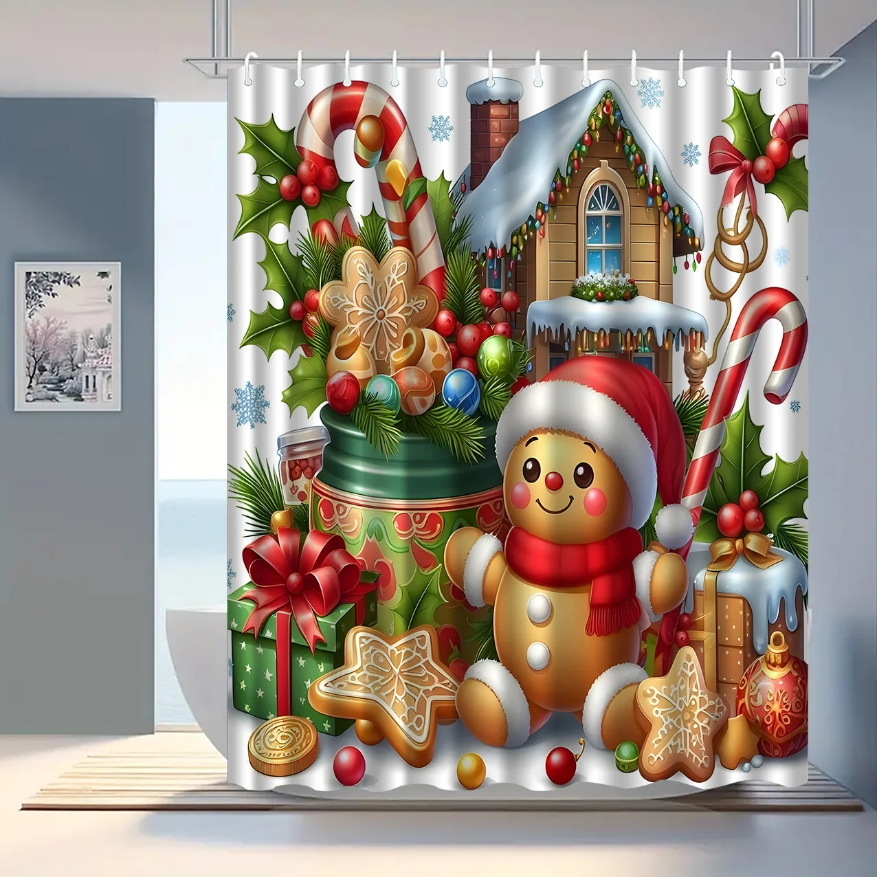 Vintage Festive Gingerbread Man Pattern Holiday Luxury Shower Curtain With Hooks Fabric Bathroom Decor