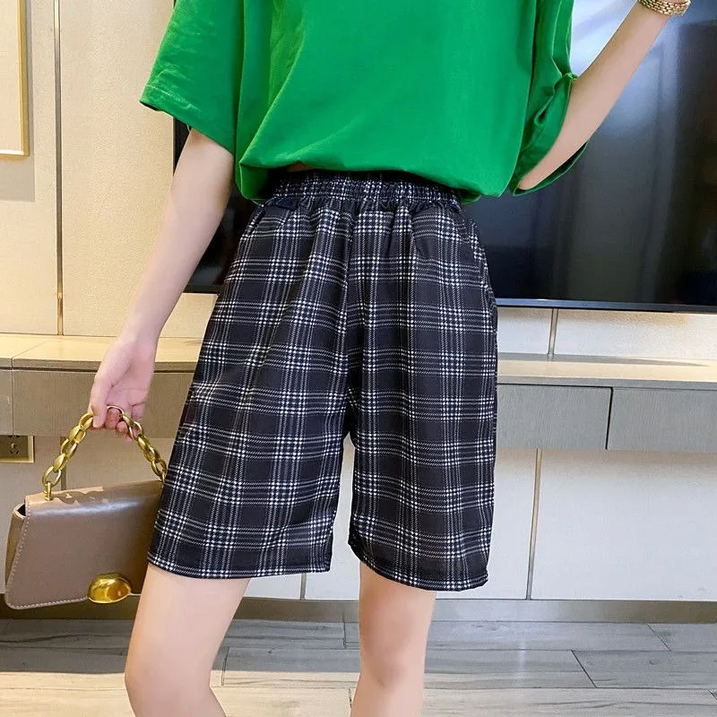 Korean Summer Wide-legged Plaid Shorts Women Students Loose Thin High-waisted Versatile Leisure Sports Five-minute Pants Female