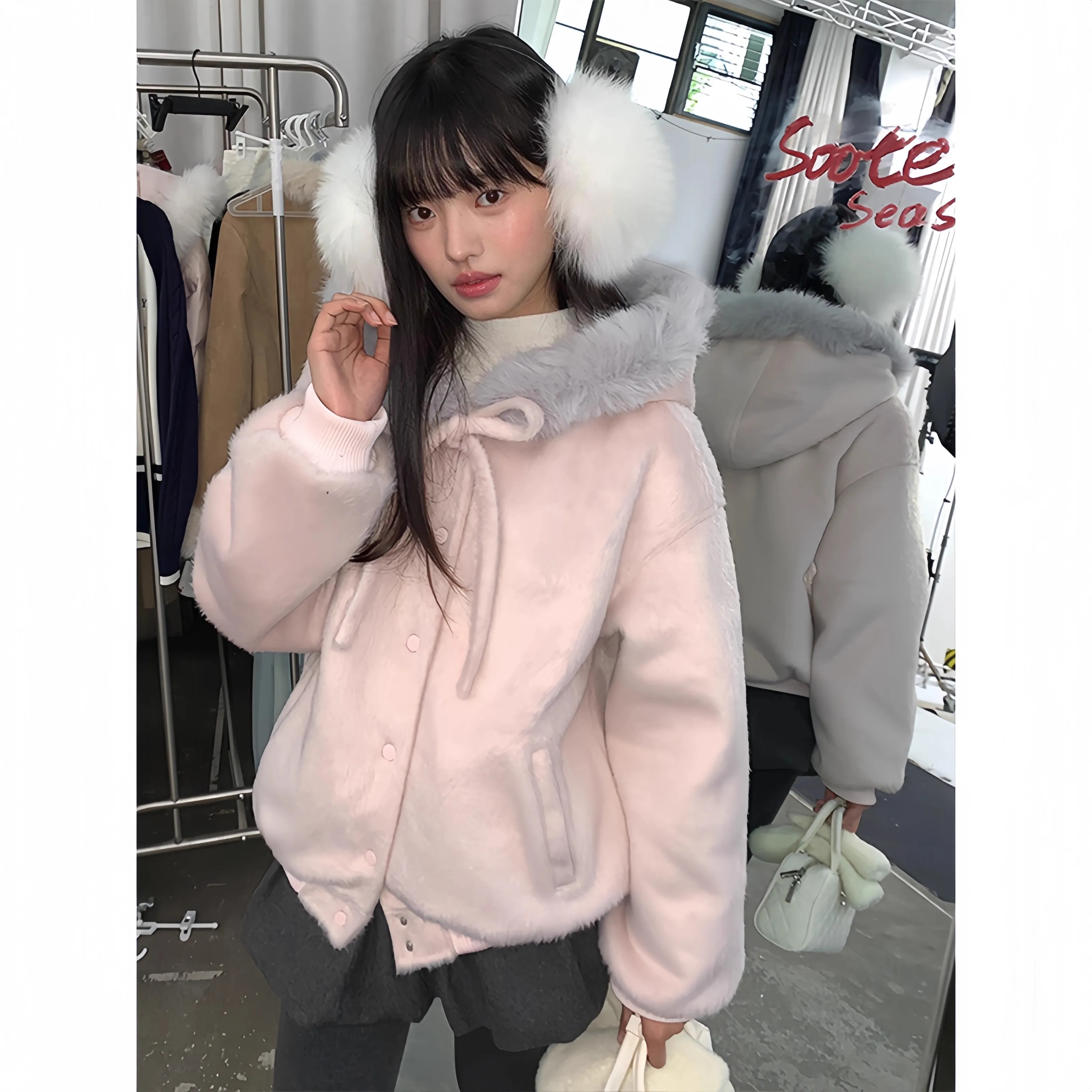 Americký styl umělé kožešiny teplá bunda s kapucí dámská módní svrchní oblečení s dlouhým rukávem mikina s kapucí parka - náhled 2